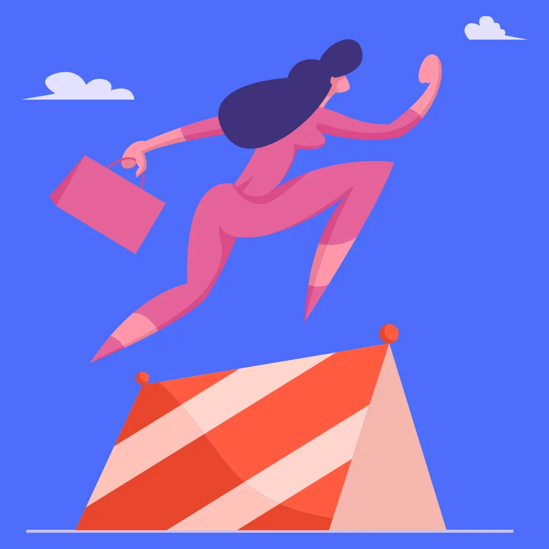 Illustration of Business Woman Jumping Over Construction Hurdle
